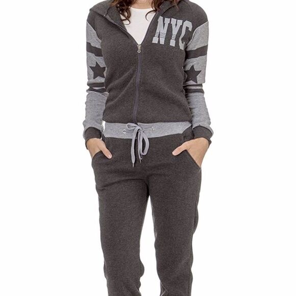WOMENS NYC ONE PIECE HOODIE  FLEECE JUMPERSUITS - Picture 1 of 6